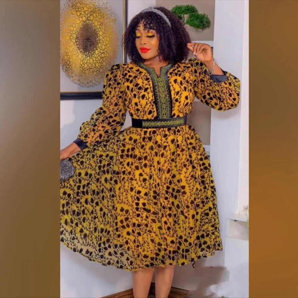 Floral Print Women Long Sleeve Elegant A-line Dress With Belt